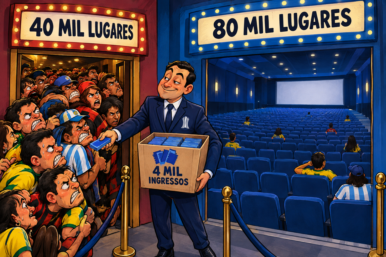 Funcionário da Conmebol entrega a mesma cota de 4 mil ingressos a salas com 40 mil e 80 mil lugares.
