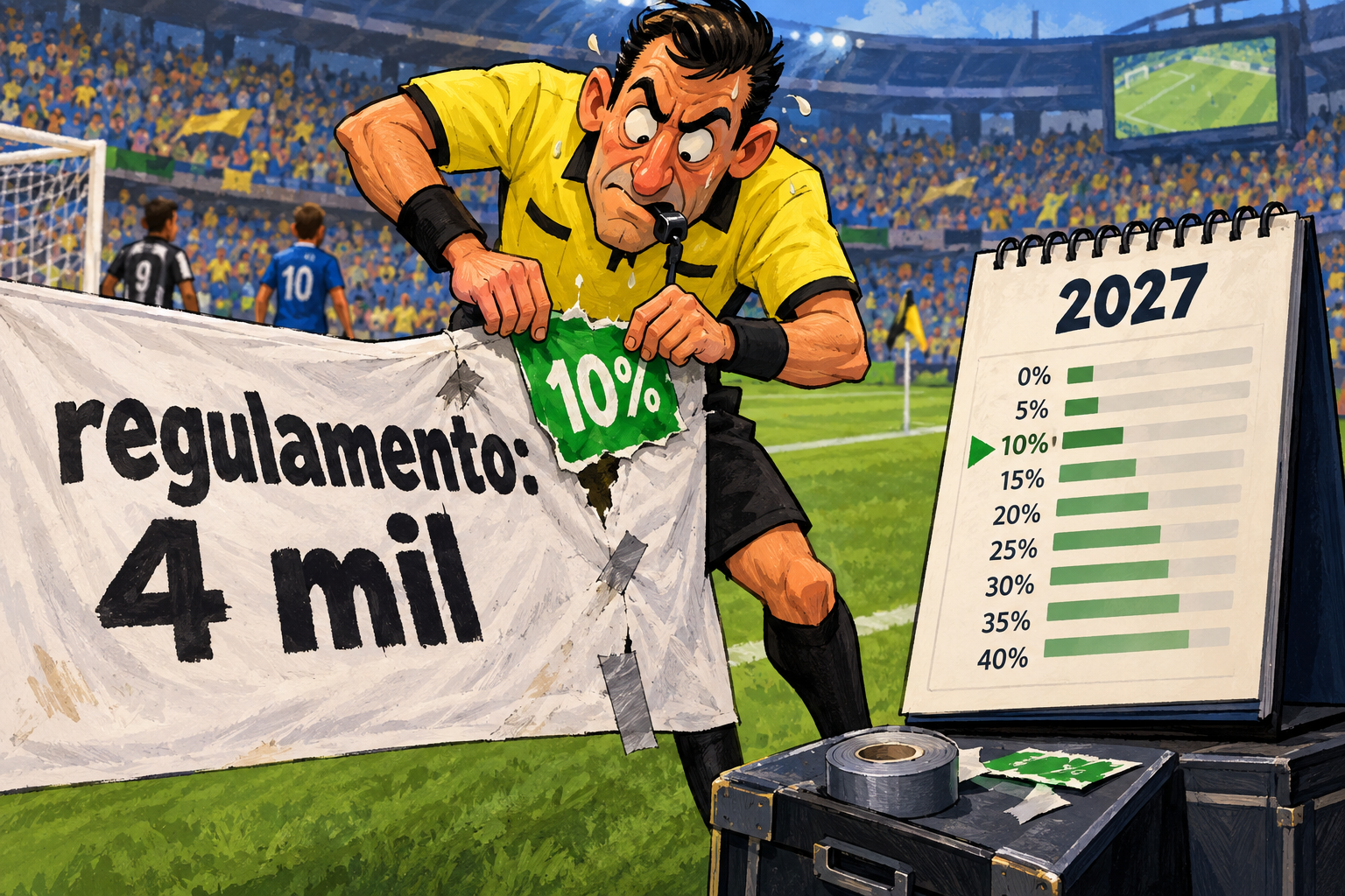 Árbitro cola um adesivo de 10% sobre a regra de 4 mil ingressos, ao lado de um calendário de 2027.