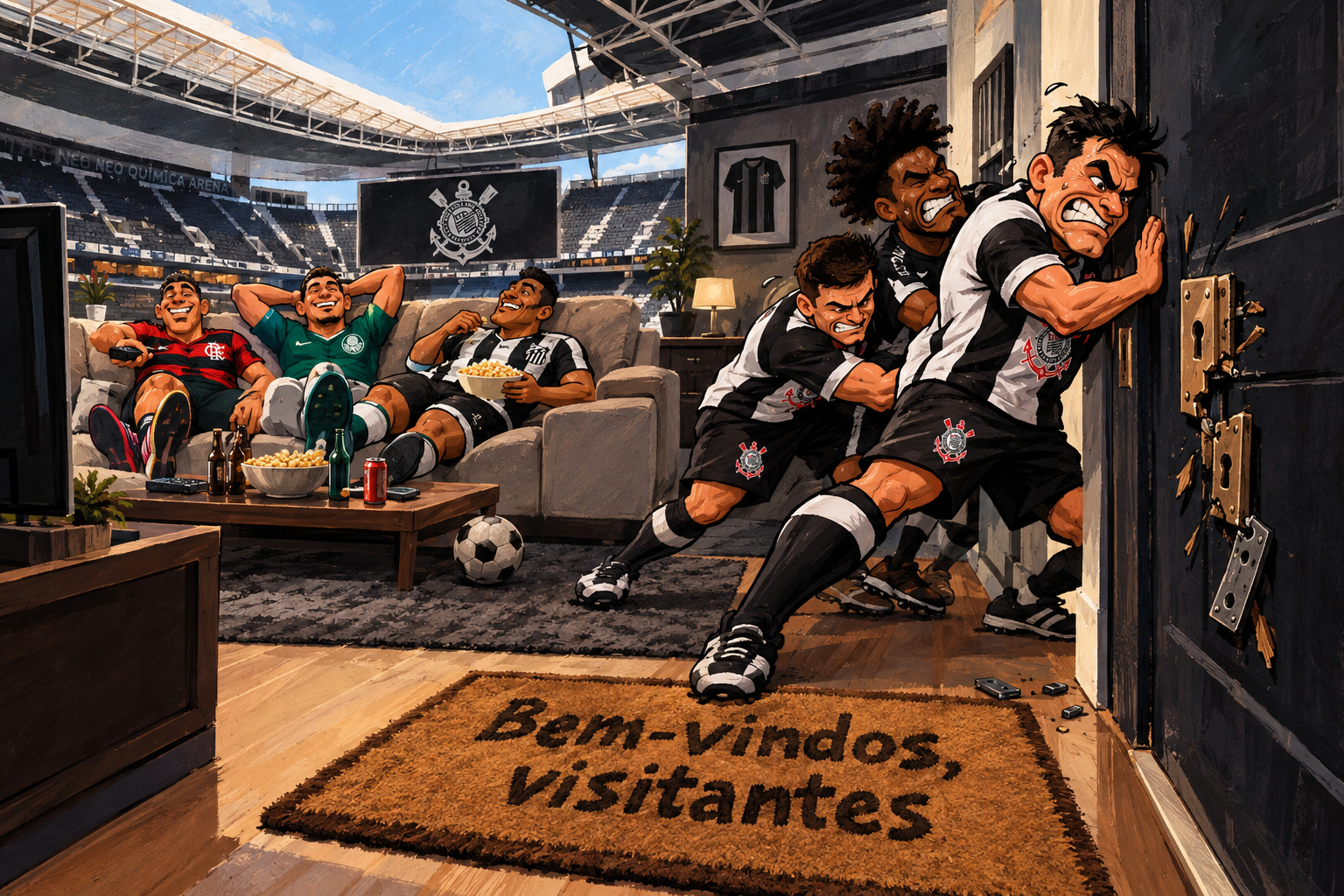 Adversários descansam dentro da Arena enquanto o Corinthians tenta fechar uma porta quebrada.