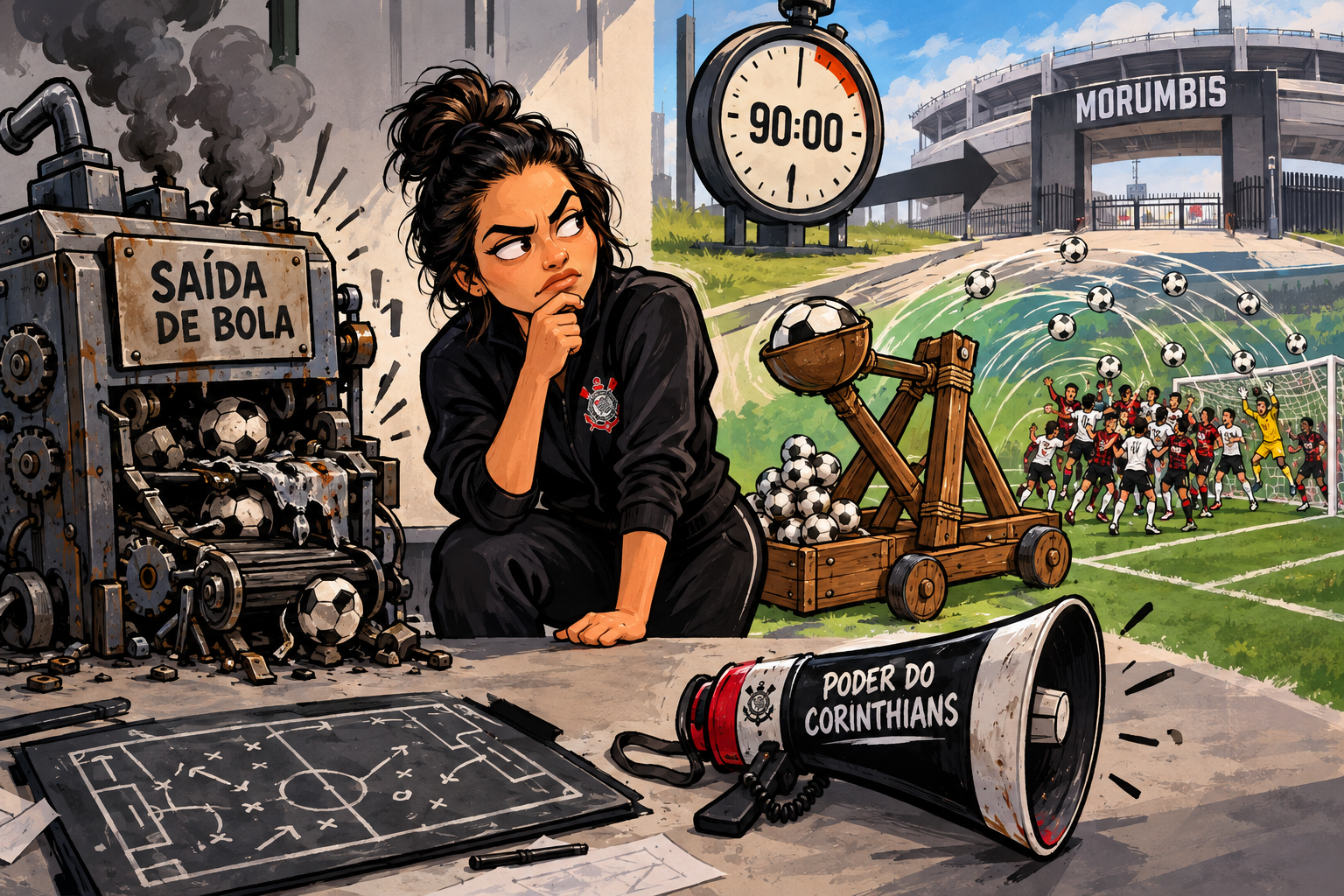 Emily Lima observa uma máquina de saída de bola quebrada e uma catapulta de cruzamentos diante do portão do MorumBIS.