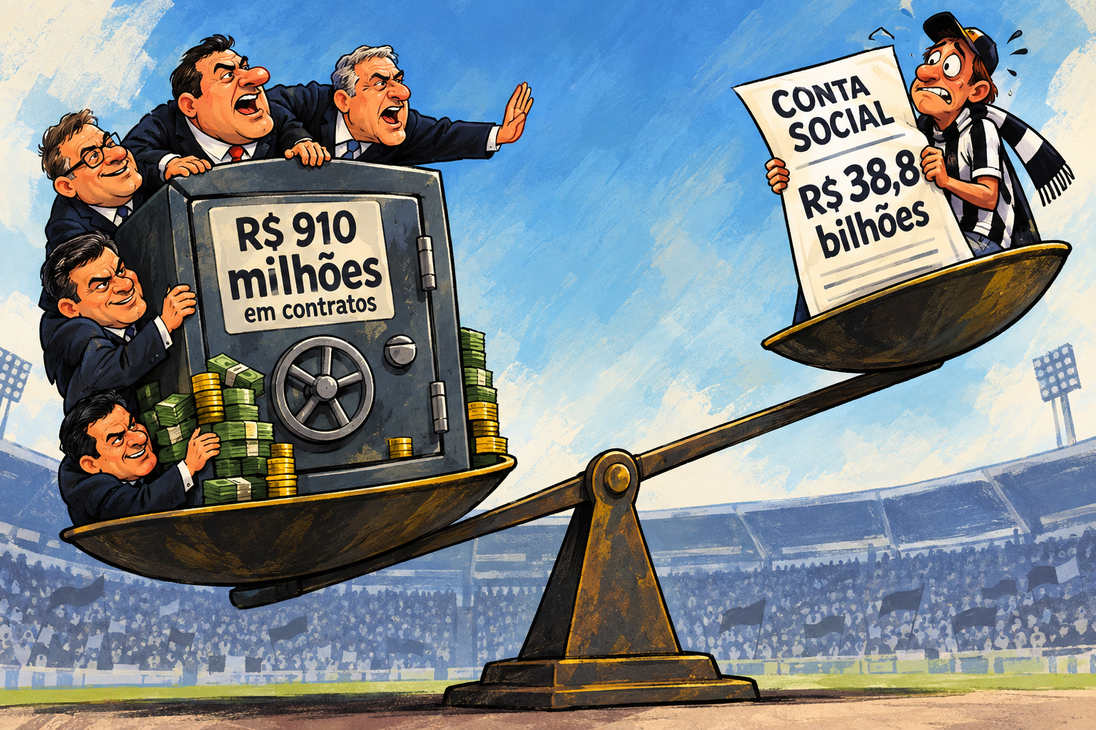 Dirigentes puxam uma balança com um cofre de contratos diante de um torcedor com uma conta social.