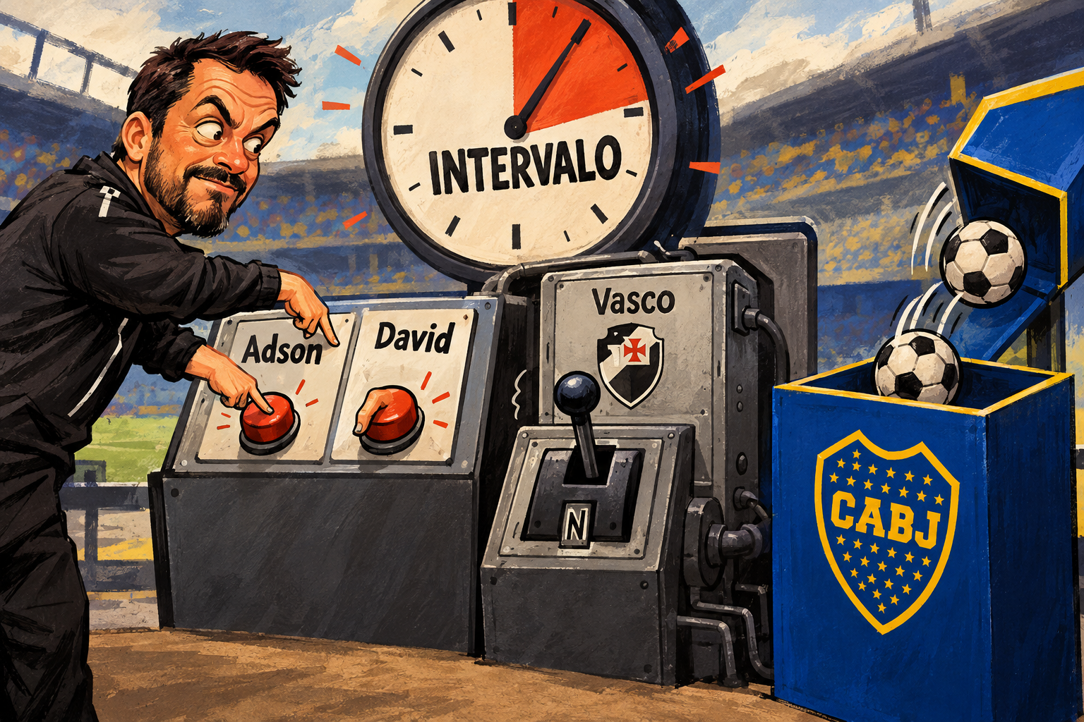 Pedro Emanuel aciona botões de substituição no intervalo ao lado de uma máquina do Vasco parada.