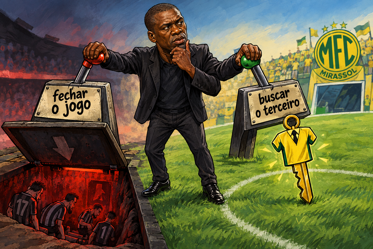Seedorf escolhe entre duas alavancas antes do jogo contra o Mirassol, uma delas apontando para a zona de rebaixamento.