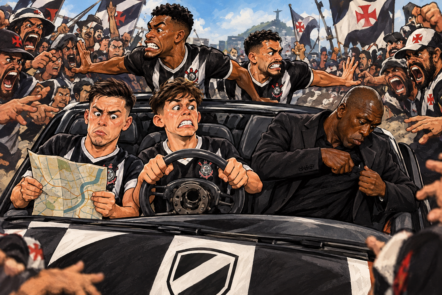 Garro e Breno Bidon seguram o volante de um carro alvinegro sem direção enquanto jogadores do Vasco avançam.