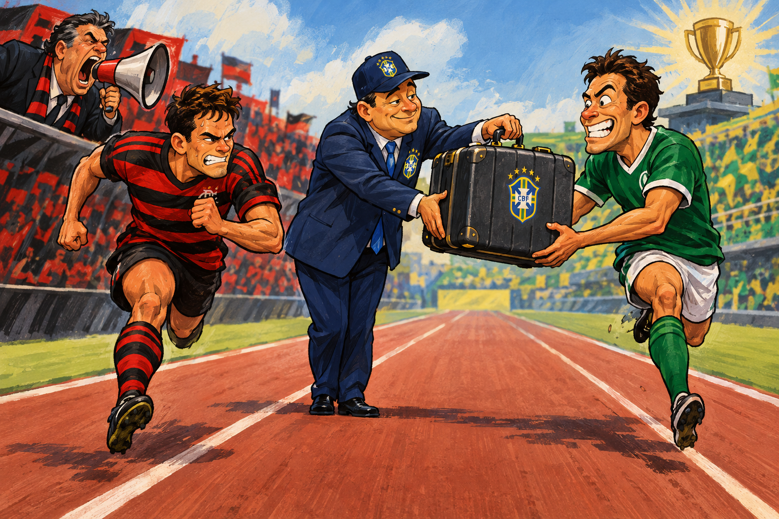 Corredores de Flamengo e Palmeiras disputam uma prova enquanto a CBF entrega uma mala da Seleção a um deles.