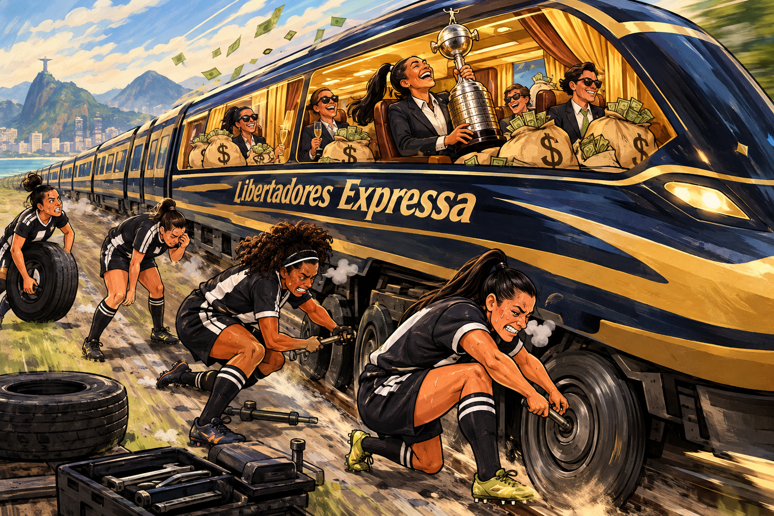 Trem chamado Libertadores Expressa leva taça e dinheiro enquanto jogadoras exaustas fazem reparos durante o percurso.